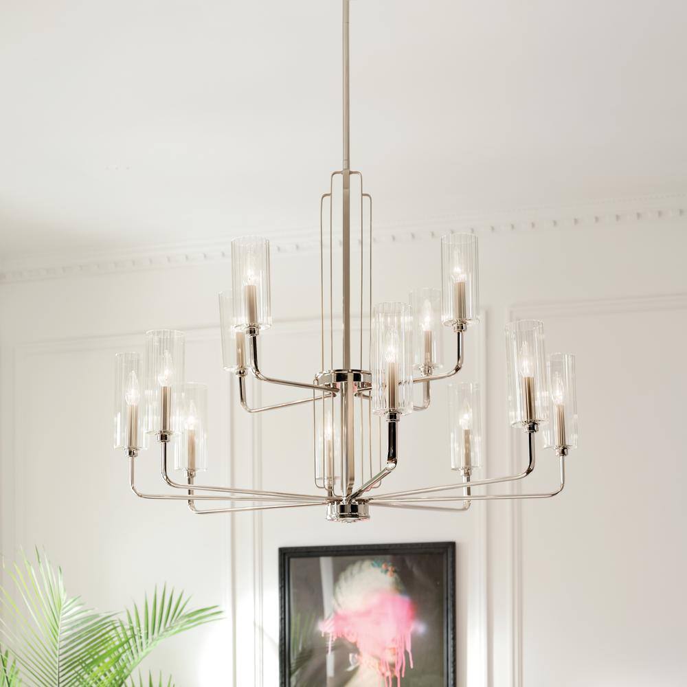 Kimrose 72" Polished Nickel 12-Light Chandelier with Clear Fluted Glass