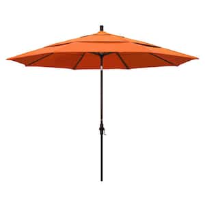 11 ft. Bronze Aluminum Market Patio Umbrella with Crank Lift in Tangerine Sunbrella