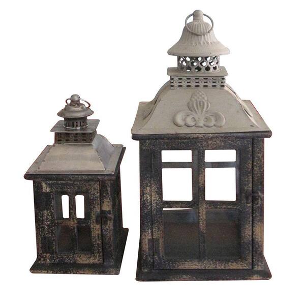 Unbranded Square Distressed Black Wooden Battery-Powered Candle Lantern (Set of 2)-DISCONTINUED