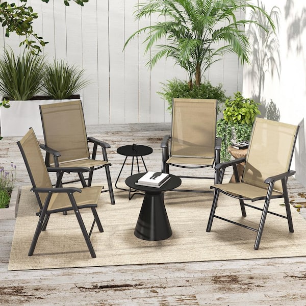 Oyezvary Foldable Stackable Brown Metal Outdoor Dining Chair with Textaline Fabric, Curved Armrests & Bungee Suspensions Set of 4