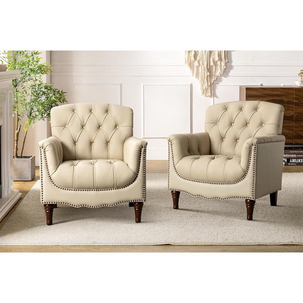 Elijah Traditional Beige Genuine Leather Button-tufted Armchair with Luxury Style and Solid Wood Legs (Set of 2) price history on PriceWatchPro