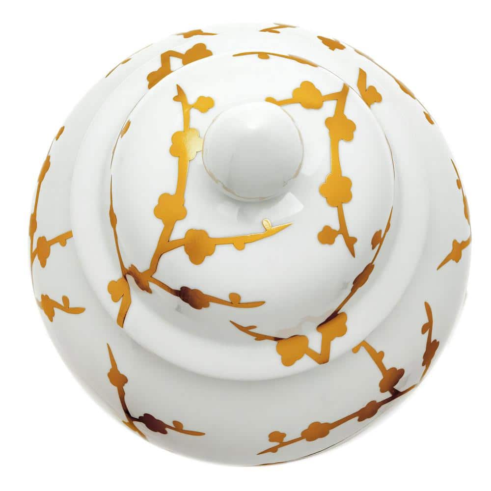 18" White and Gold Porcelain Temple Jar with Glossy Finish