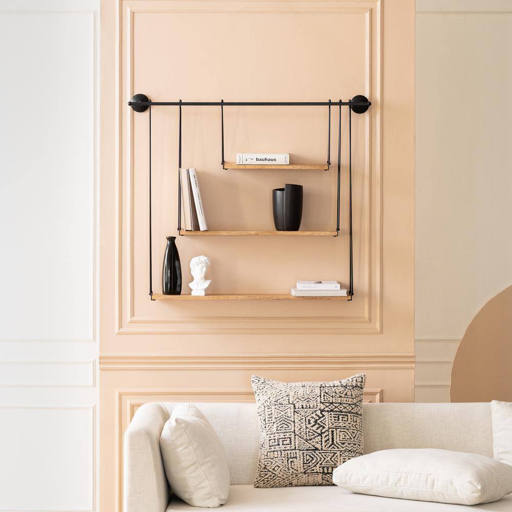 Sleek Scandinavian Black Iron & Wood 3-Tier Floating Shelf