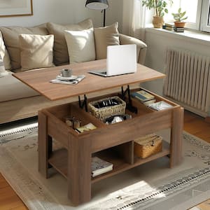 ELOT Farmhouse 37 in. W in Walnut Brown Finish Rectangle Wooden Top Coffee Table with Lift Top, Versatile Storage