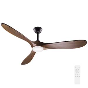 60 in. Integrated LED Indoor Brown Wood Ceiling Fan with Light Kit, 3 Wood Blades Black Housing Color 6-Speed Adjustable