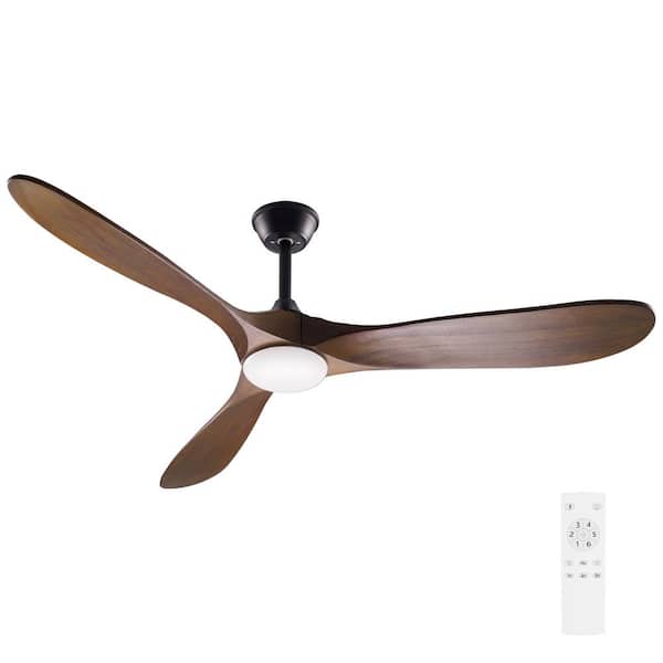 FUFU&GAGA 60 in. Integrated LED Indoor Brown Wood Ceiling Fan with Light Kit, 3 Wood Blades Black Housing Color 6-Speed Adjustable