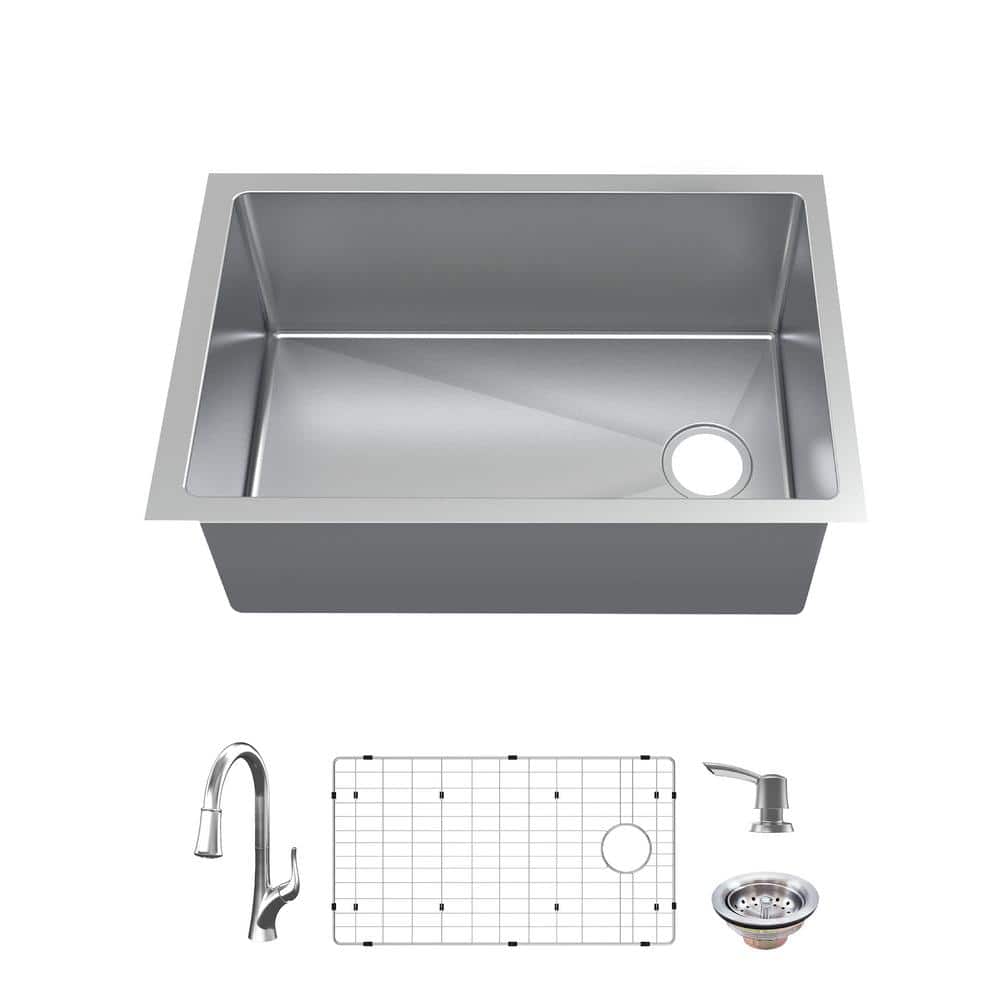 Glacier Bay All-in-One Tight Radius Undermount 18G Stainless Steel 31 in. Single Bowl Kitchen Sink, Offset Drain, Pull-Down Faucet, Silver