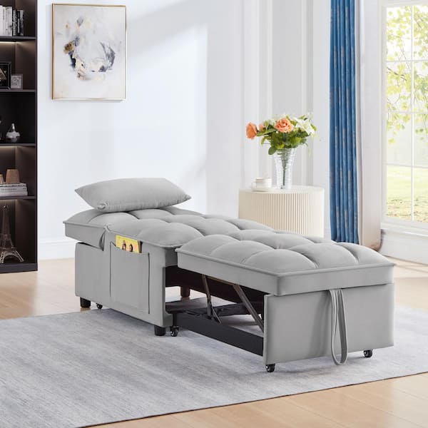 Unbranded 68.5 in. Gray Velvet 4 in1 Twin Size Sofa Bed with Storage Pockets Pull-out Sofa Bed Adjustable Backrest Pillows