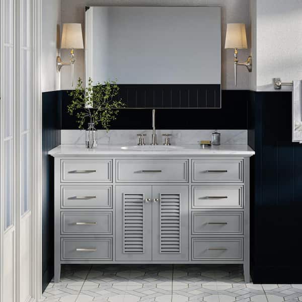 ARIEL Kensington 55 in. W x 22 in. D x 35.25 in. H Freestanding Bath Single Sink Vanity in Grey with White Marble Top