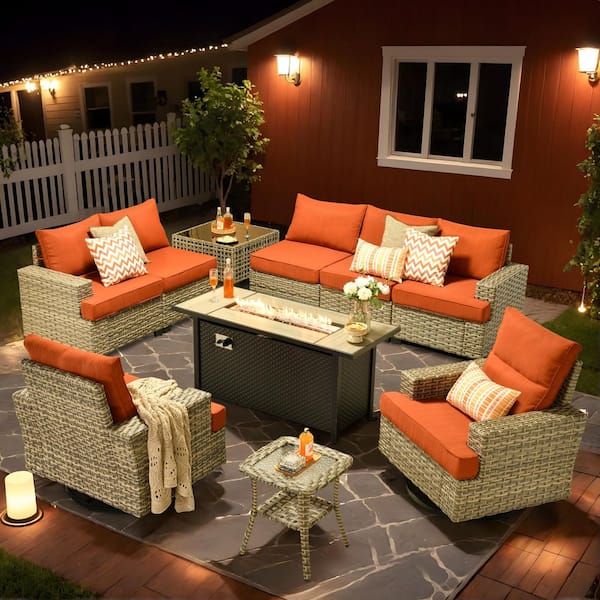 OVIOS Tiberty Gray 10-Piece Wicker Patio 54 in. Rectangle Fire Pit Conversation Set with Orange Red Cushions and Swivel Chairs