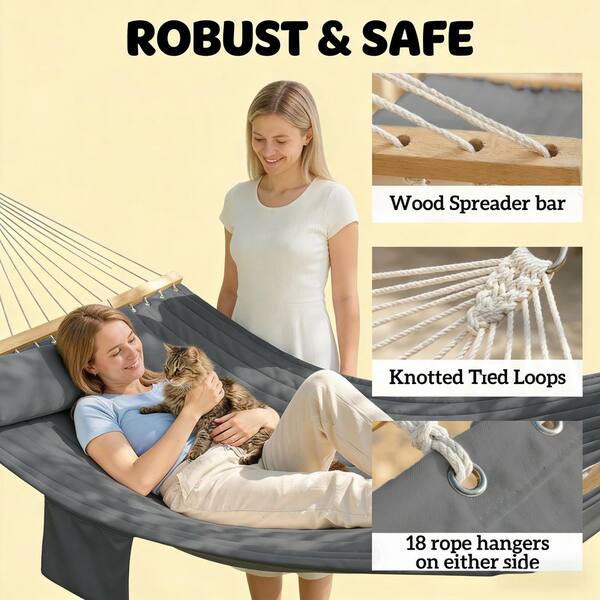 2-Person Gray Wood Porch Swing, Patio Swing Chair Double Hammock