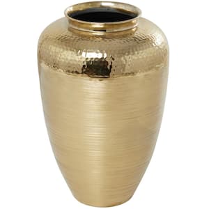 18 in. Gold Brushed Aluminum Metal Decorative Vase with Hammered Top