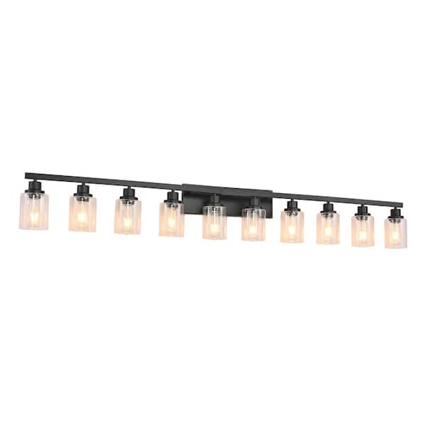 10-Light Black Vanity Light with Cylindrical Clear Glass Shades and Iron Frame, E26 Bulbs Not Included
