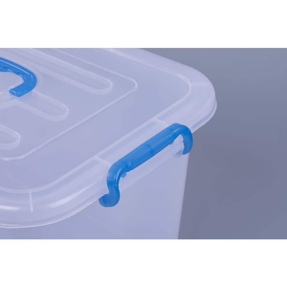 Large Clear Plastic Stackable Storage Box with Blue Handles
