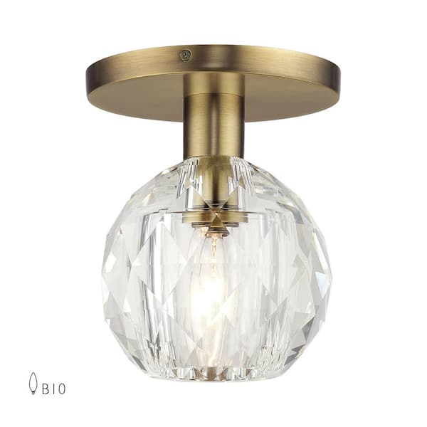 Whitfield 6.5 in. 1-Light Natural Brass Semi Flush Mount with Crystal Shade