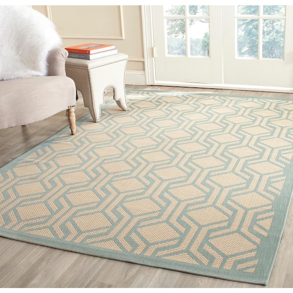 Courtyard Beige/Aqua 7 ft. x 10 ft. Border Indoor/Outdoor Patio  Area Rug