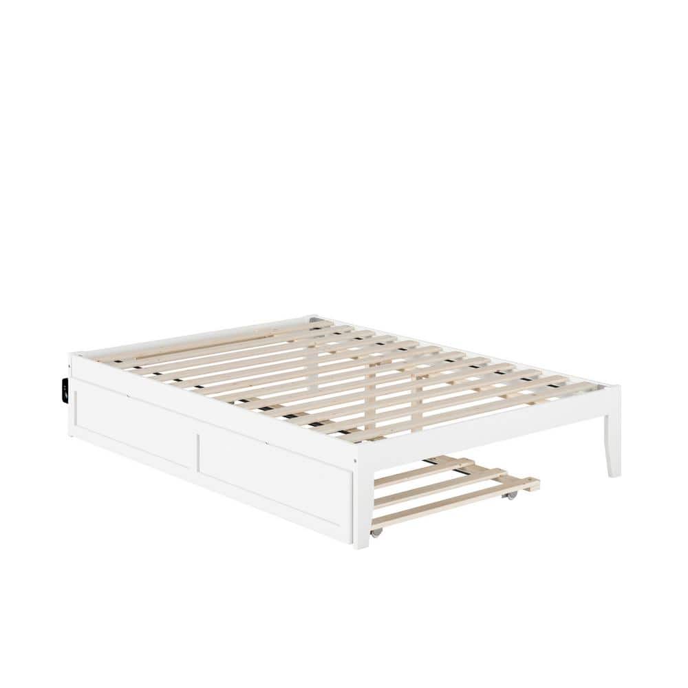 Elegant Full-Size White Platform Bed with Twin Trundle and USB Charging