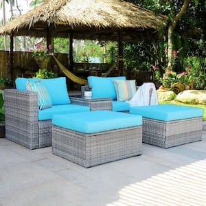 Gray 5-Piece Wicker Patio Conversation Sectional Seating Set with Blue Cushions