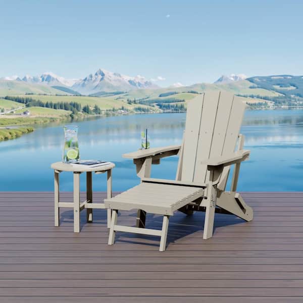 Laguna Outdoor Weather Resistant Folding Adjustable Adirondack Chair w/ Pull Out Ottoman & Round Side Table, Sand