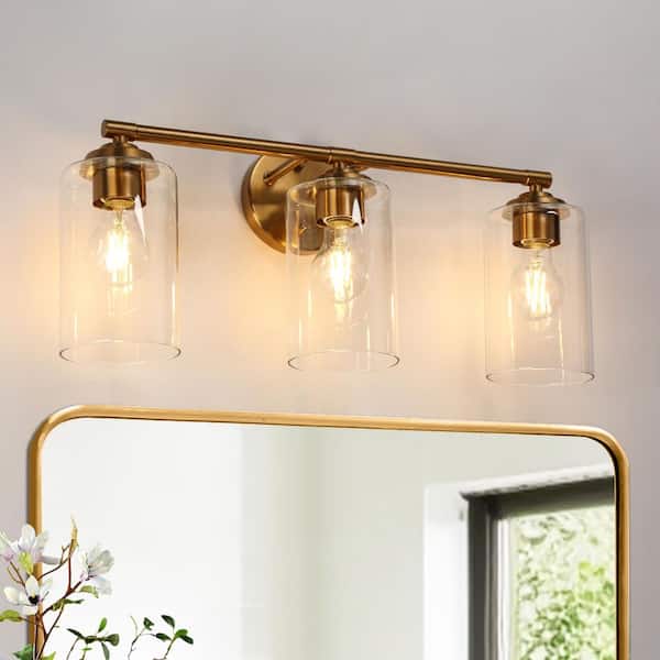 LNC Modern 22.8 in. 3-Light Plated Brass Bathroom Vanity Light with Classic Cylinder Clear Glass Shade LED Compatible Sconce