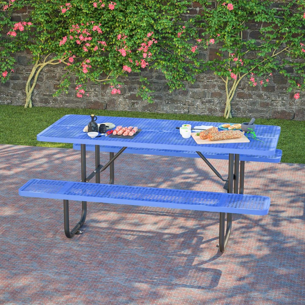 Thanaddo 72.2 in. Blue Rectangle Steel Picnic Table Seats 4-6