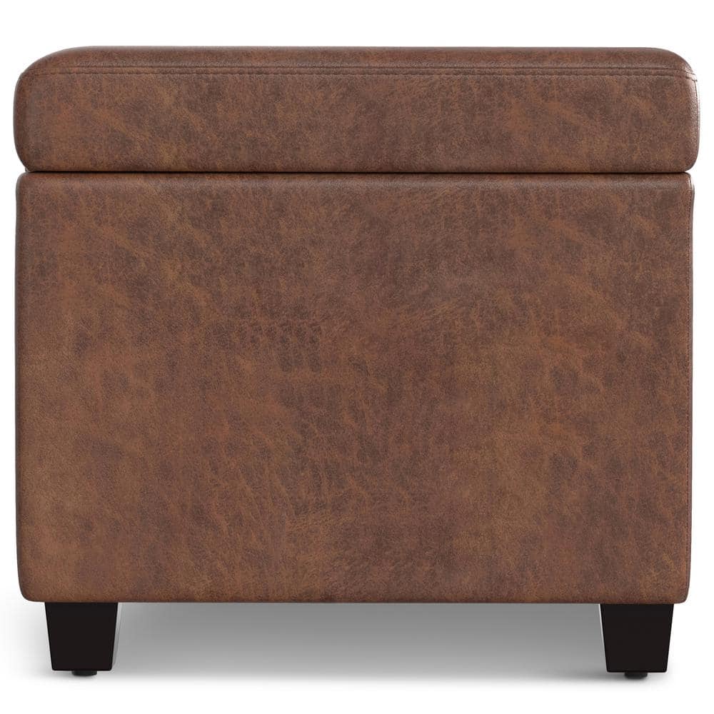 Distressed Saddle Brown Faux Leather Storage Ottoman Bench