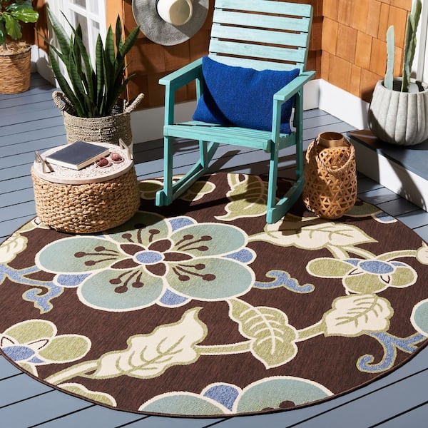 Veranda Chocolate/Aqua 7 ft. x 7 ft. Oversized Floral Indoor/Outdoor Round Area Rug