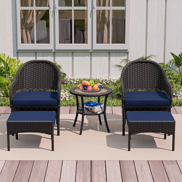 5-Piece Outdoor Wicker Patio Conversation Seating Set with Blue Cushions