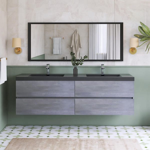 70.9 in. W x 19.7 in. D x 22.5 in. H Double Sink Wall Mounted Bath Vanity in Grey with Black Quartz Sand Top