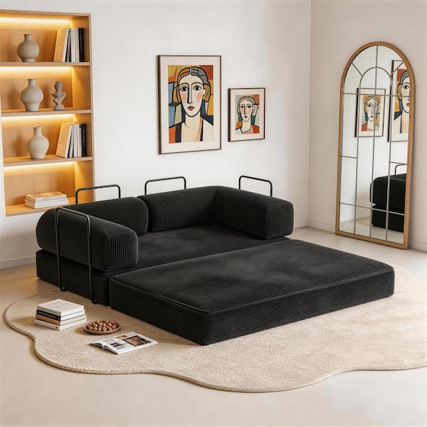 Uixe 63 in. Green Corduroy Full Size Convertible Sofa Bed with