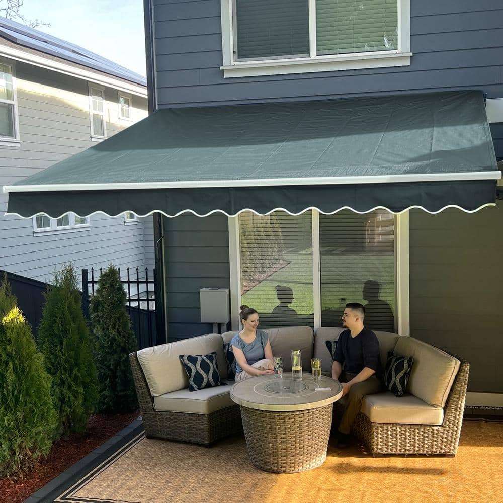 Forest Green Manual Retractable Patio Awning with White Frame