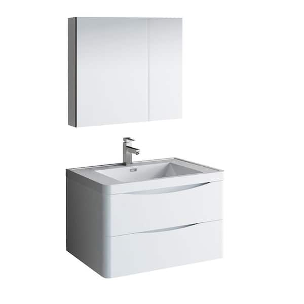 Tuscany 32 in. Modern Wall Hung Bath Vanity in Glossy White w/ Vanity Top in White w/ White Basin and Medicine Cabinet