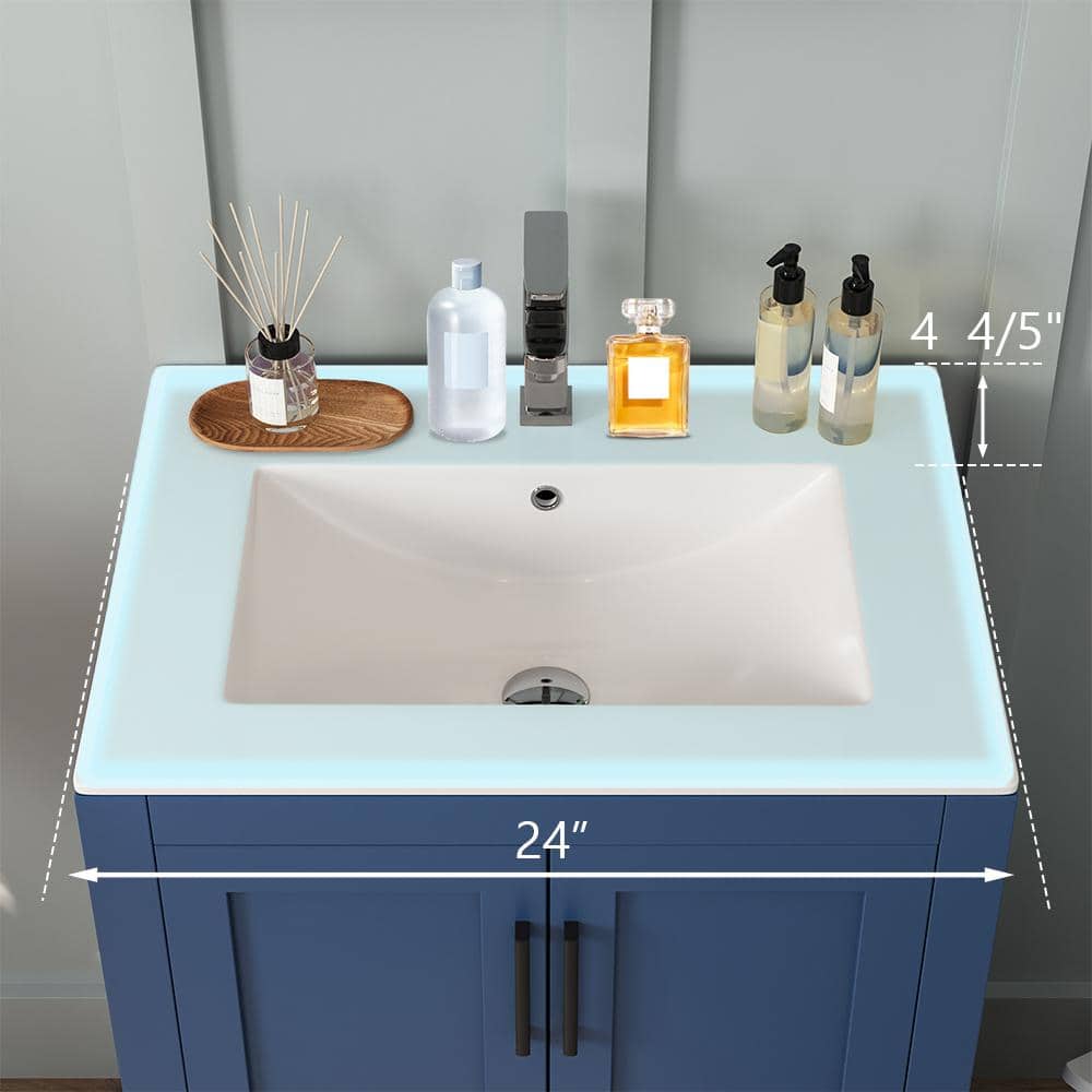 24" White Ceramic Rectangular Single Bathroom Vanity Top with Sink