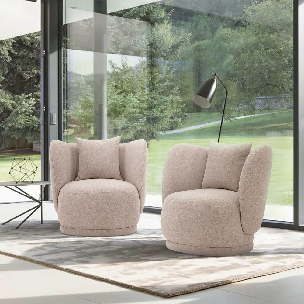 Set of 2 Wheat Linen Upholstered Barrel Accent Chairs