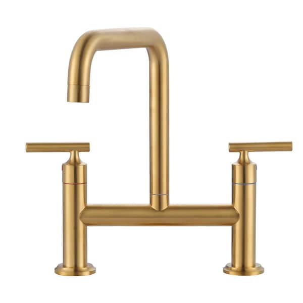 ARCORA Modern Double Handle High Arc Solid Brass Bridge Kitchen Faucet in Brushed Gold