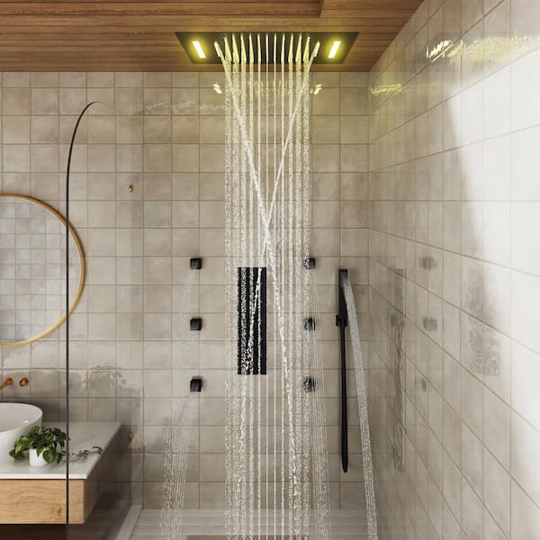 4-Spray Dual Shower Head and Handheld Shower Head Ceiling Mount 2.5 GPM with 6-Body Jets, LED, and Music in Matte Black