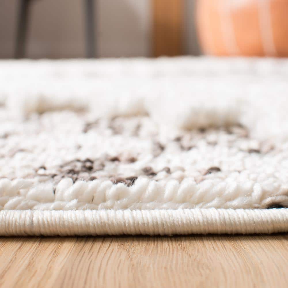 Ivory and Brown Diamond Shag Runner Rug with Tassels
