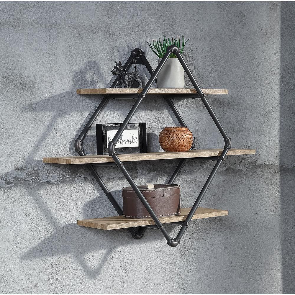 Acme Brantley 35 in. W x 10 in. D Sandy Black Finish Wall Rack with 3-Shelf
