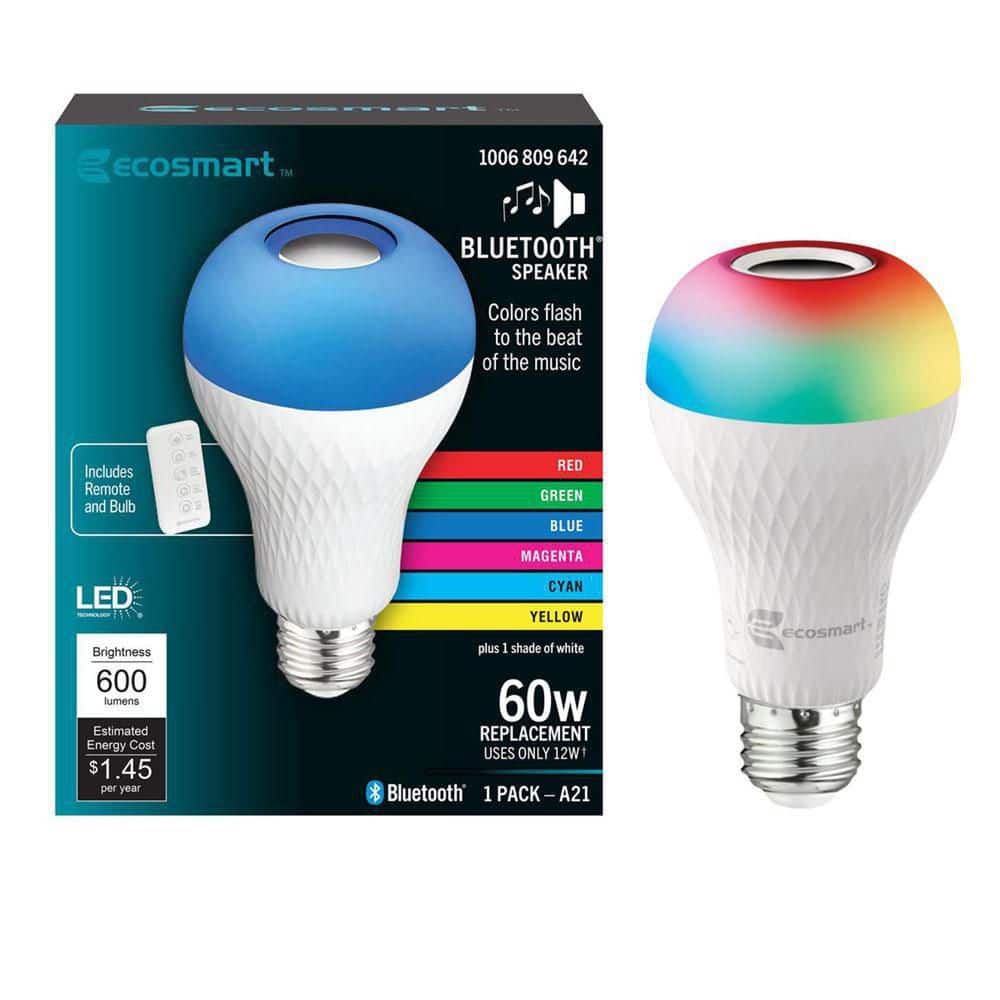 EcoSmart 60-Watt Equivalent A21 Bluetooth Speaker Colored Plus Bright White  E26 Medium LED Light Bulb W/ Remote Control (1-Pack) BTOM60RGB3KESM - The