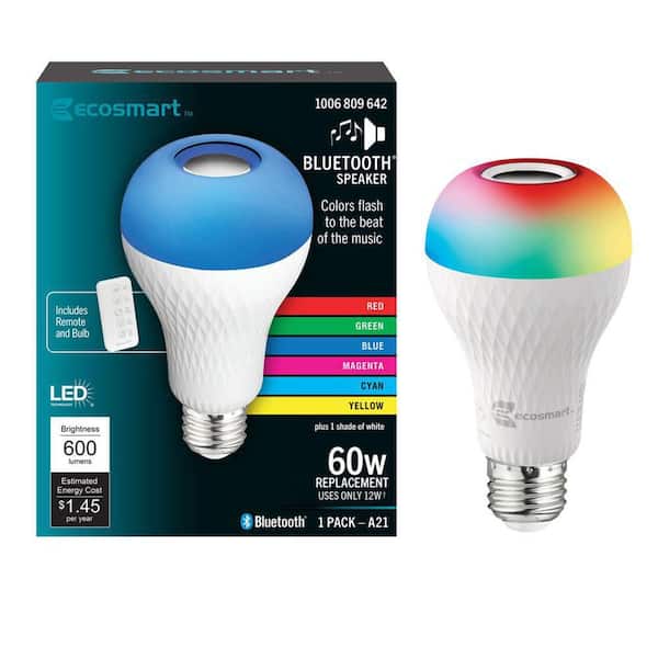 EcoSmart 60-Watt Equivalent A21 Bluetooth Speaker Colored Plus Bright White  E26 Medium LED Light Bulb W/ Remote Control (1-Pack) BTOM60RGB3KESM - The  Home Depot
