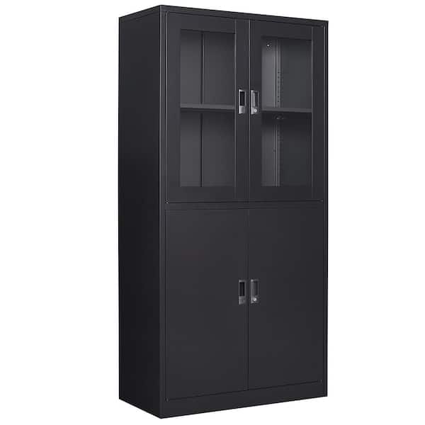 Mlezan Metal Display Cabinet 2 Tiers with Acrylic Doors Adjustable Shelves in 71"H x 31.5"W x 15.7"D in Black