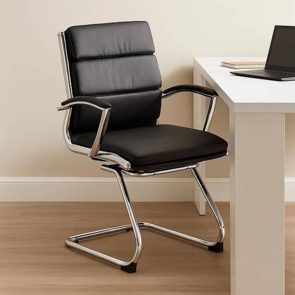 Kim Vinyl Upholstered Ergonomic Guest Chair in Black and Chrome with Non-Adjustable Arms