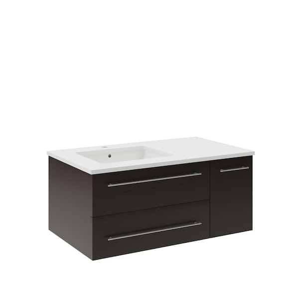 Fresca Lucera 36 in. Single Sink Wall Mount Espresso Bath Vanity with White Quartz Top and Undermount Sink - Left Version