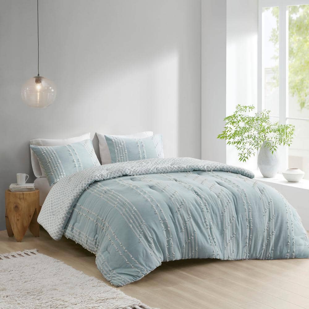 Aqua Cotton Jacquard Reversible Full Comforter Set