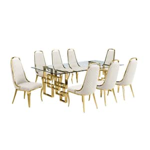 Dominga 9-Piece Glass Top 46" with Gold Stainless Steel Set with 8 Cream Velvet Chairs.