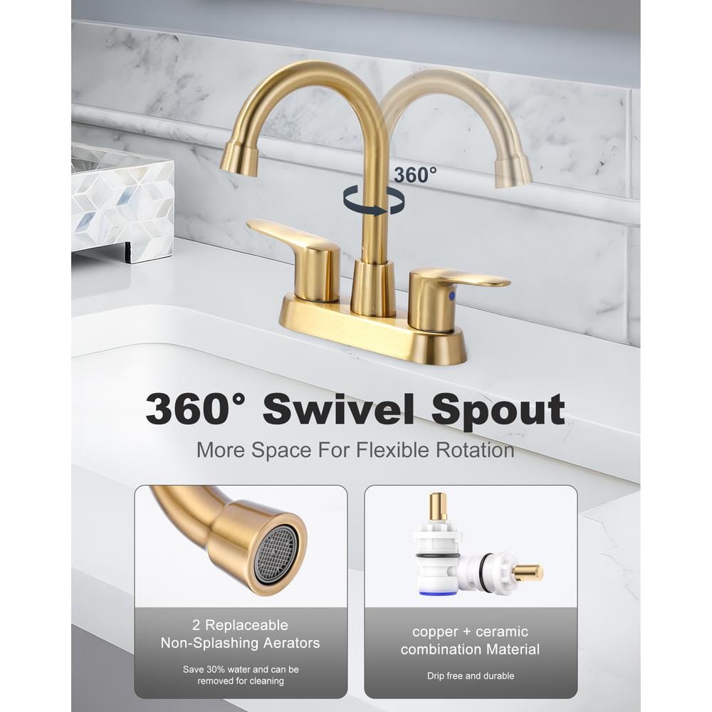 Brushed Gold Stainless Steel Double Handle High Arc Bathroom Faucet