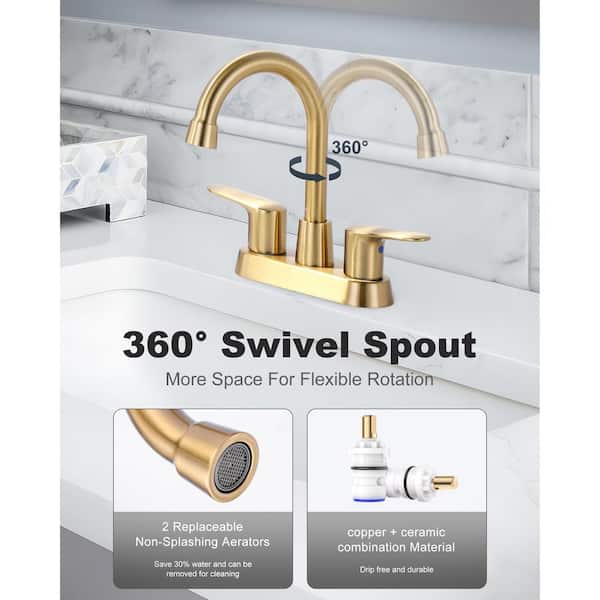 4 in. Centerset Double Handle High Arc Bathroom Faucet with Swivel Spout, Pop Up Drain and 24" Supply Lines in Gold