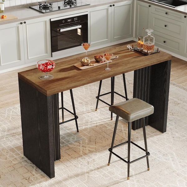 Adan 55.12 in. Rectangle Brown Black Mini Modern Freestanding Bar Table Unit Faux Marble Finished Tabletop Home Kitchen