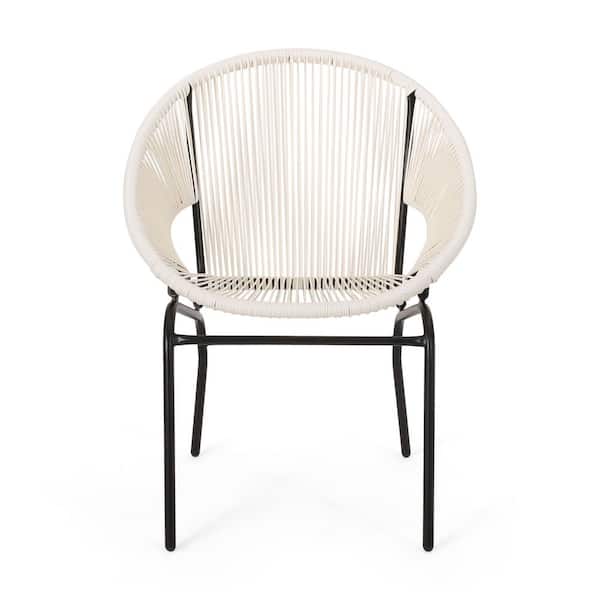 2-Piece Streamline Modern Iron Frame Rattan Outdoor Basket Chair in White