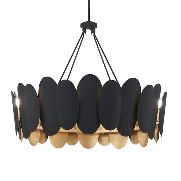 Vailen 40-Watt 12-Light Dark Matte Black and Textured Gold Round Pendant Light with Steel Shades, No Bulbs Included
